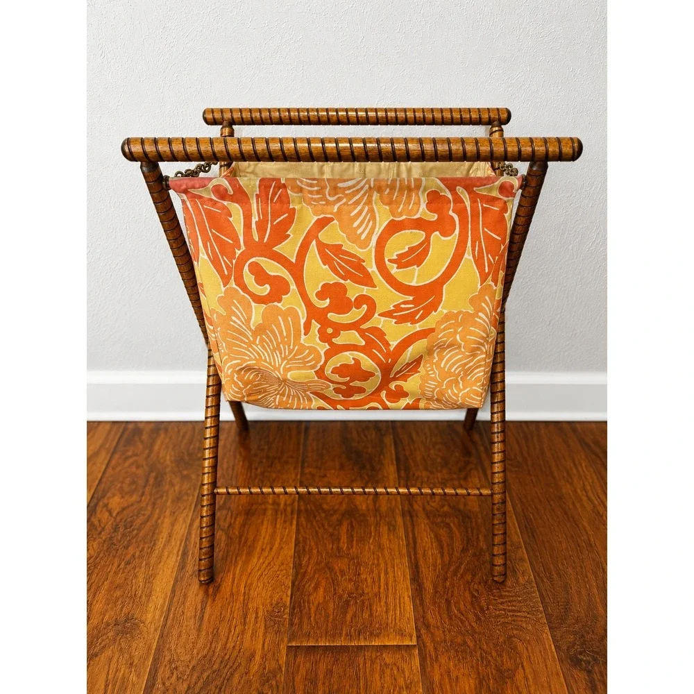 Vintage 1970s Wooden Knitting Bag Yarn Tote Needlework Sew Caddy Floral MCM Boho
